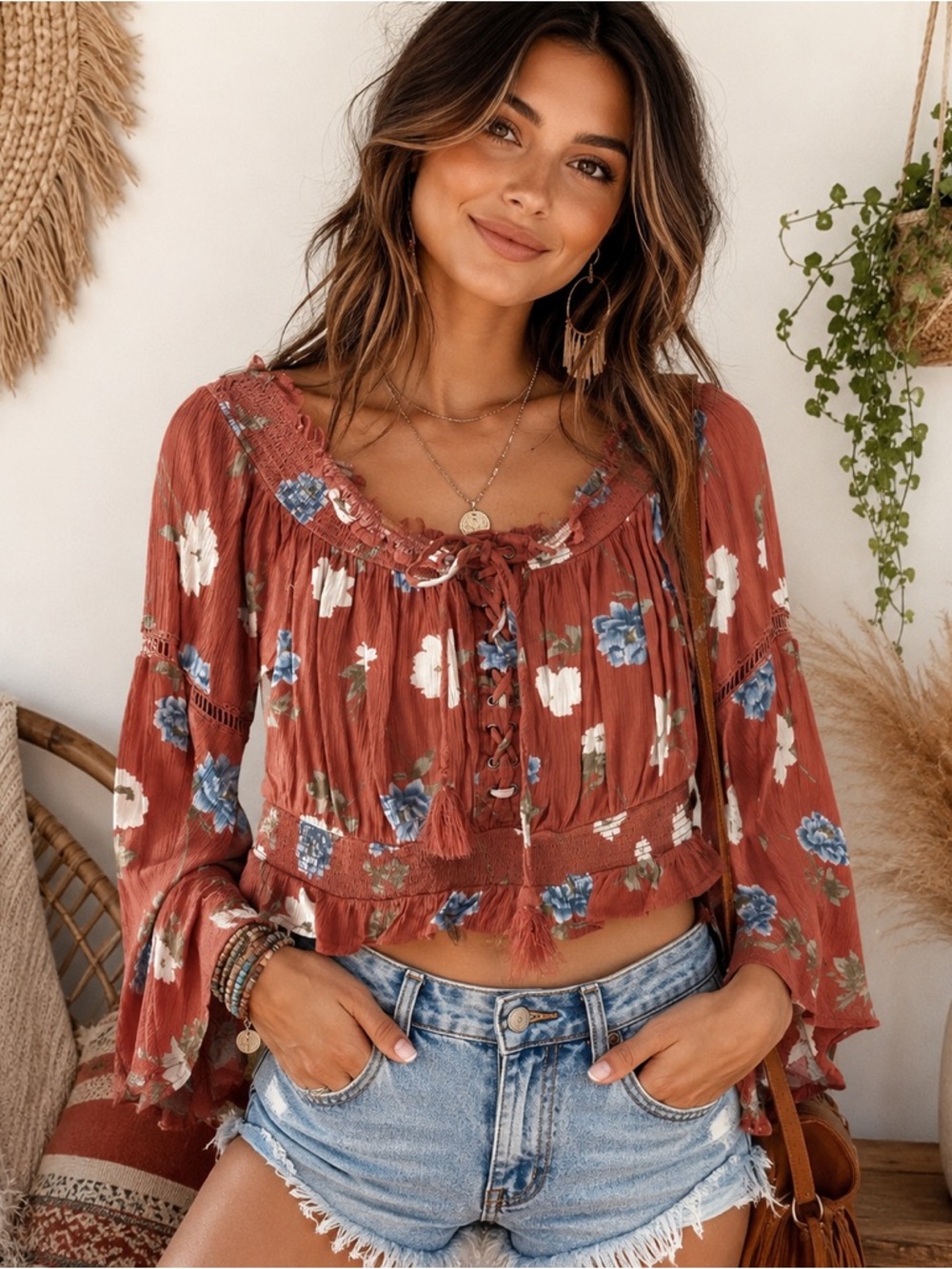 Boho Floral Tie-Front Crop Top - Rust